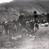 Skinning a buffalo that died during loading at Ravalli, Montana.